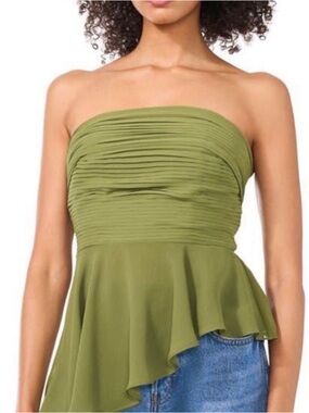 Parker Olive Green Strapless Ruched Peplum Top